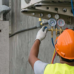 Technician is checking outdoor air conditioner unit