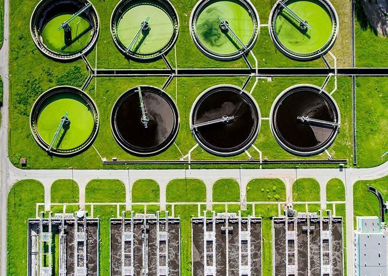 Aerial view of a sewage treatment plant.